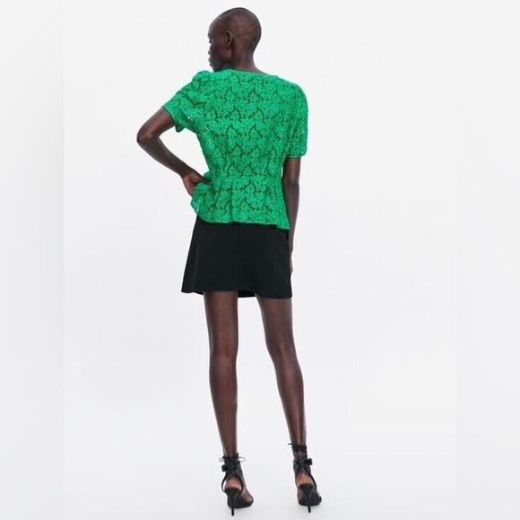Zara Lace V-Neck Top Short Sleeve Rhinestone Button Blouse Green Size Small NWT - Picture 5 of 16